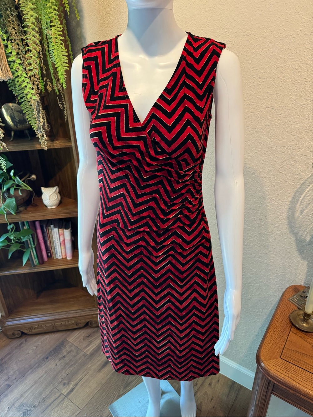 Ralph Lauren Black & Red Chevron V-Neck Midi Dress